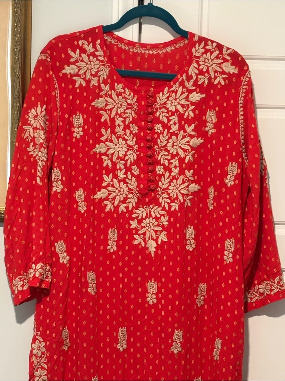 Johnny Was Type Red Tunic Top with Cream Floral Embroidery - Picture 1 of 11